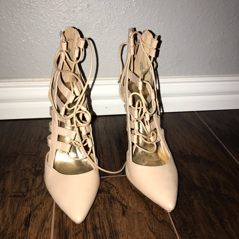 Nude lace up heels